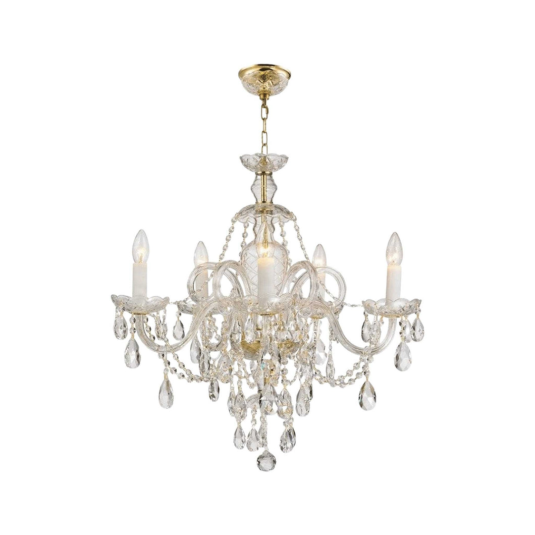 Bohemian Prague 5 Arm Crystal Chandelier - Brass Fixtures